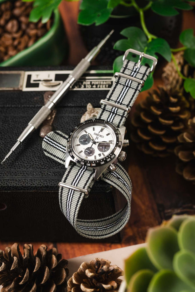Nylon Watch Strap in GREY/BLACK/WHITE with Polished Buckle and Keepers