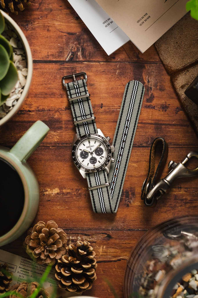 Nylon Watch Strap in GREY/BLACK/WHITE with Polished Buckle and Keepers