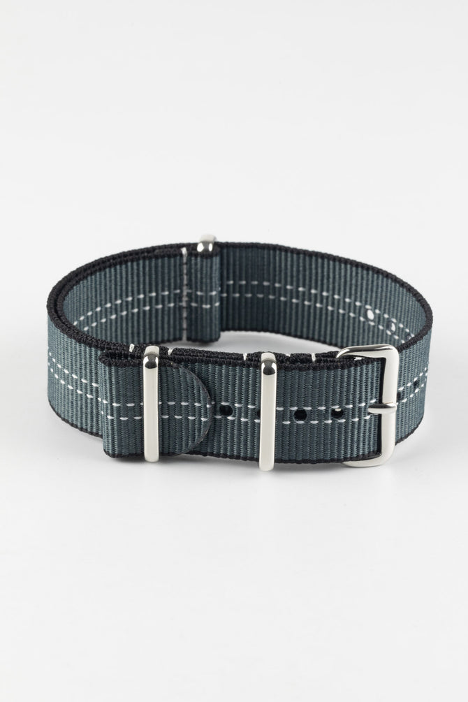 Nylon Watch Strap in GREY with White Stitch and Polished Buckle & Keepers