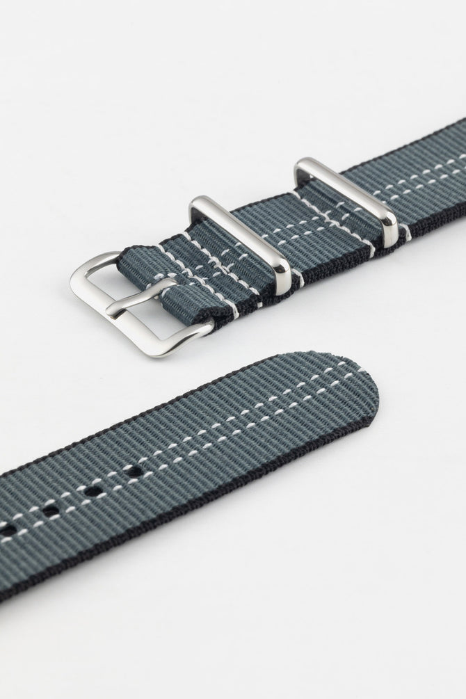 Nylon Watch Strap in GREY with White Stitch and Polished Buckle & Keepers