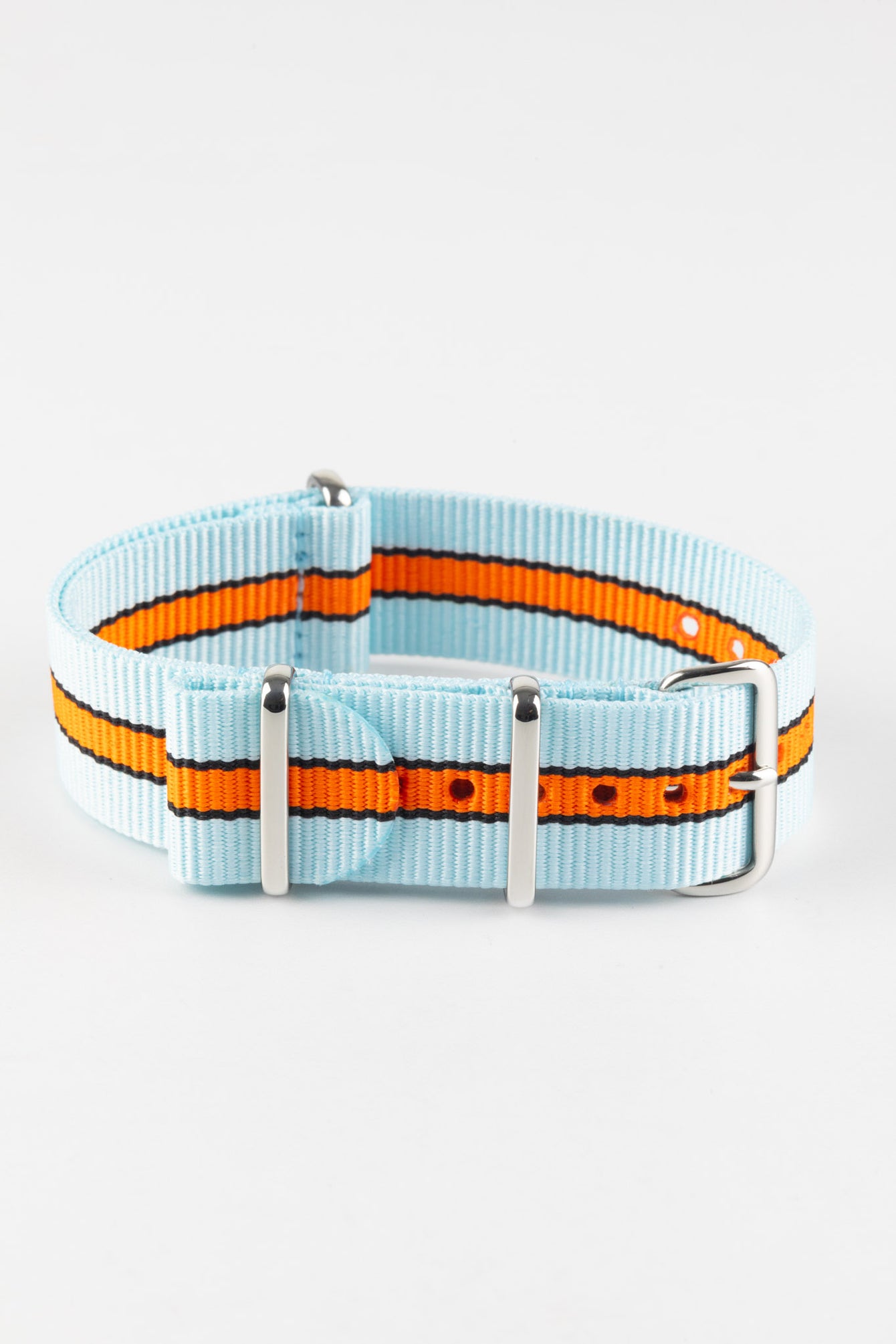 Nylon Watch Strap in PALE BLUE / ORANGE Motorsport Stripes with Polished Buckle & Keepers
