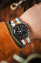 Nylon Watch Strap in PALE BLUE / ORANGE Motorsport Stripes with Polished Buckle & Keepers