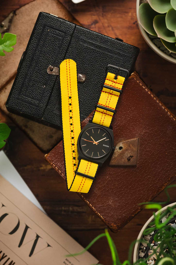 Nylon Centre-Stitch Strap in YELLOW with Red Stitch and PVD Buckle & Keepers
