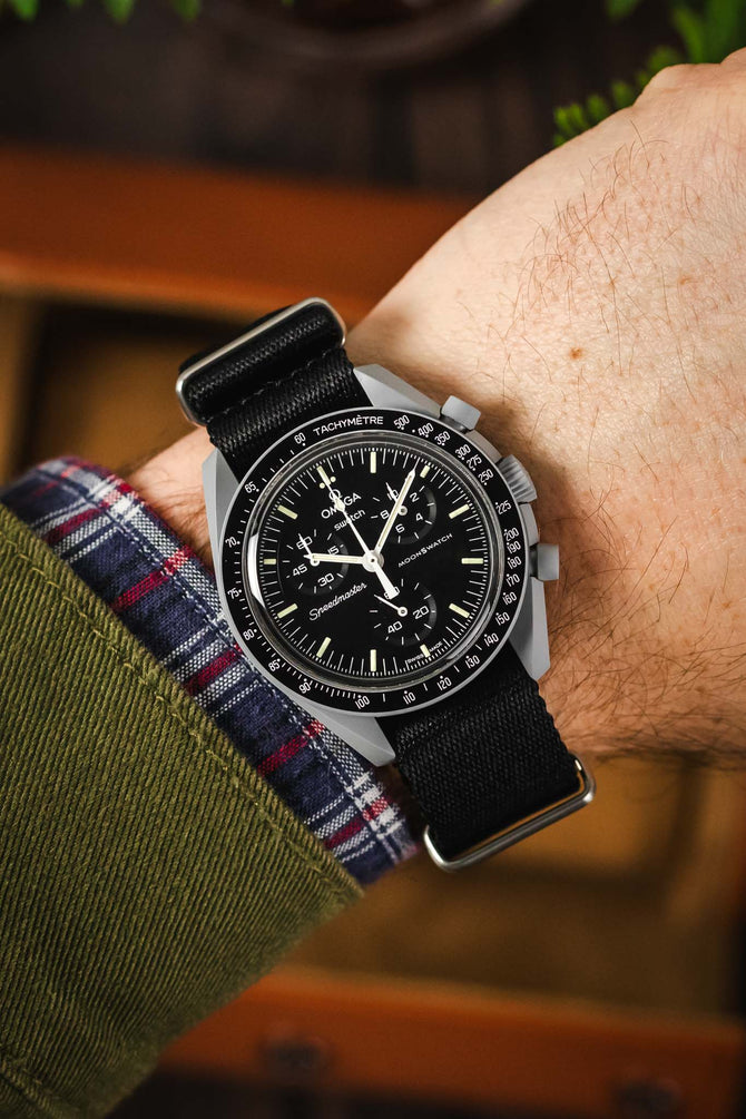 Premium Nylon Watch Strap in SOLID BLACK with Brushed Hardware Watch