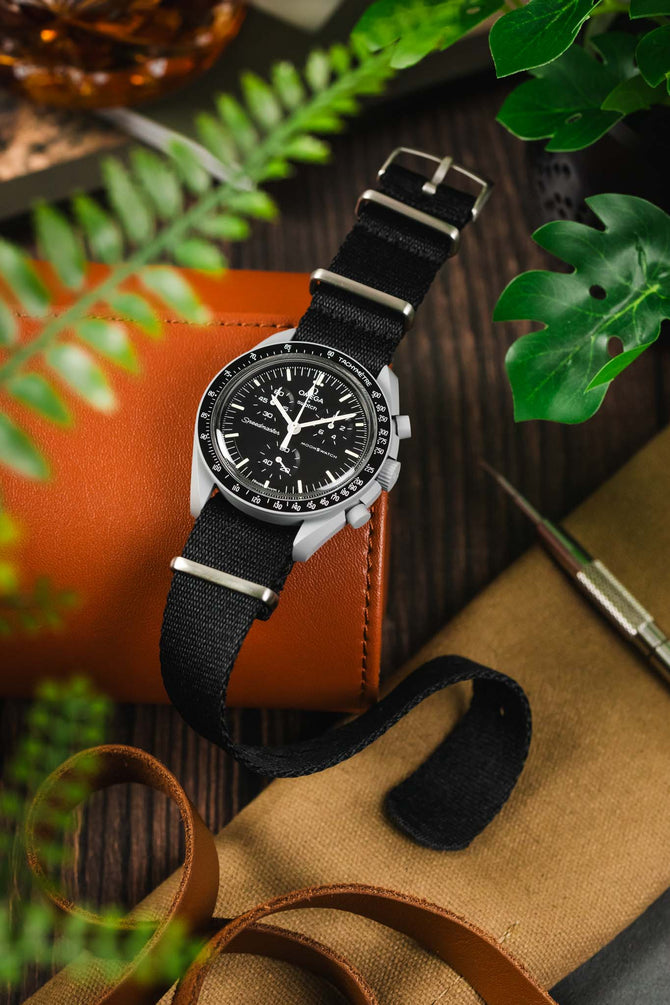 Premium Nylon Watch Strap in SOLID BLACK with Brushed Hardware Watch