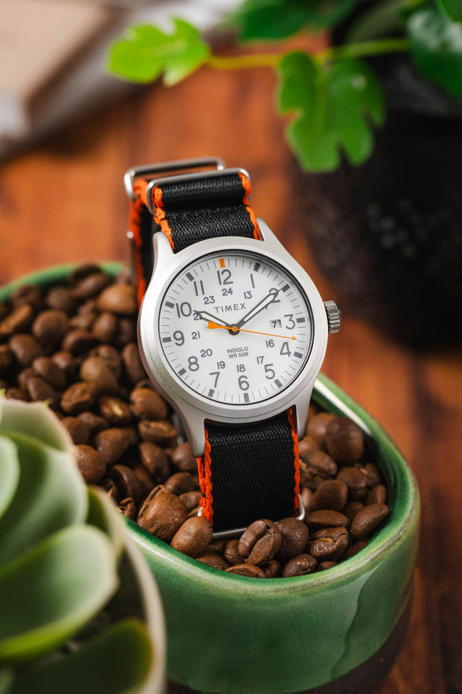 Premium Nylon Watch Strap in Black with Orange Edges