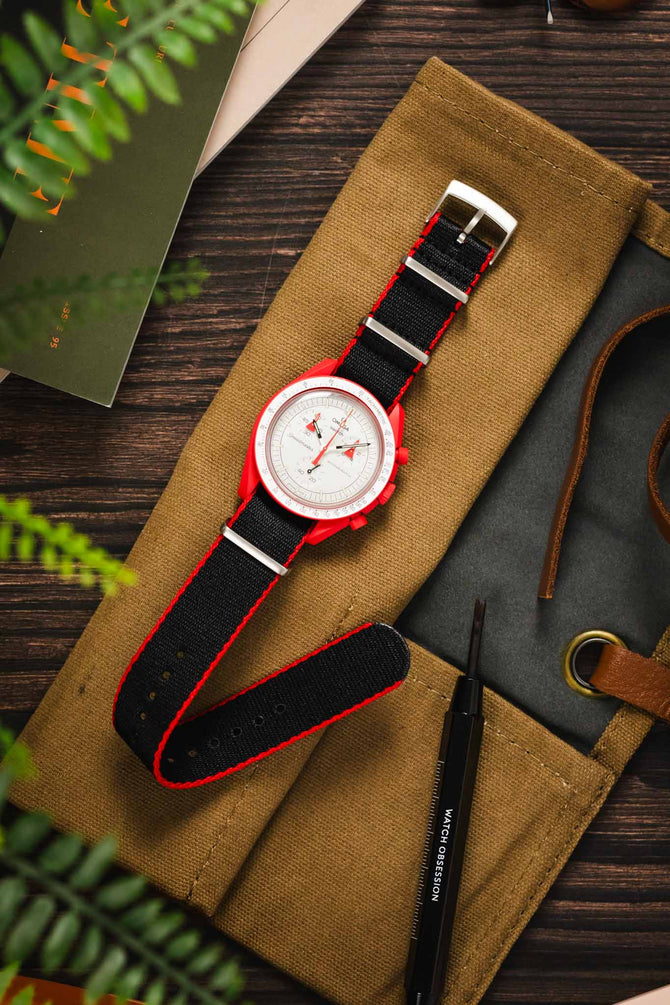 Premium Nylon Watch Strap in Black with Red Edges
