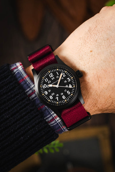 Premium Nylon Watch Strap in BURGUNDY with Black PVD Hardware