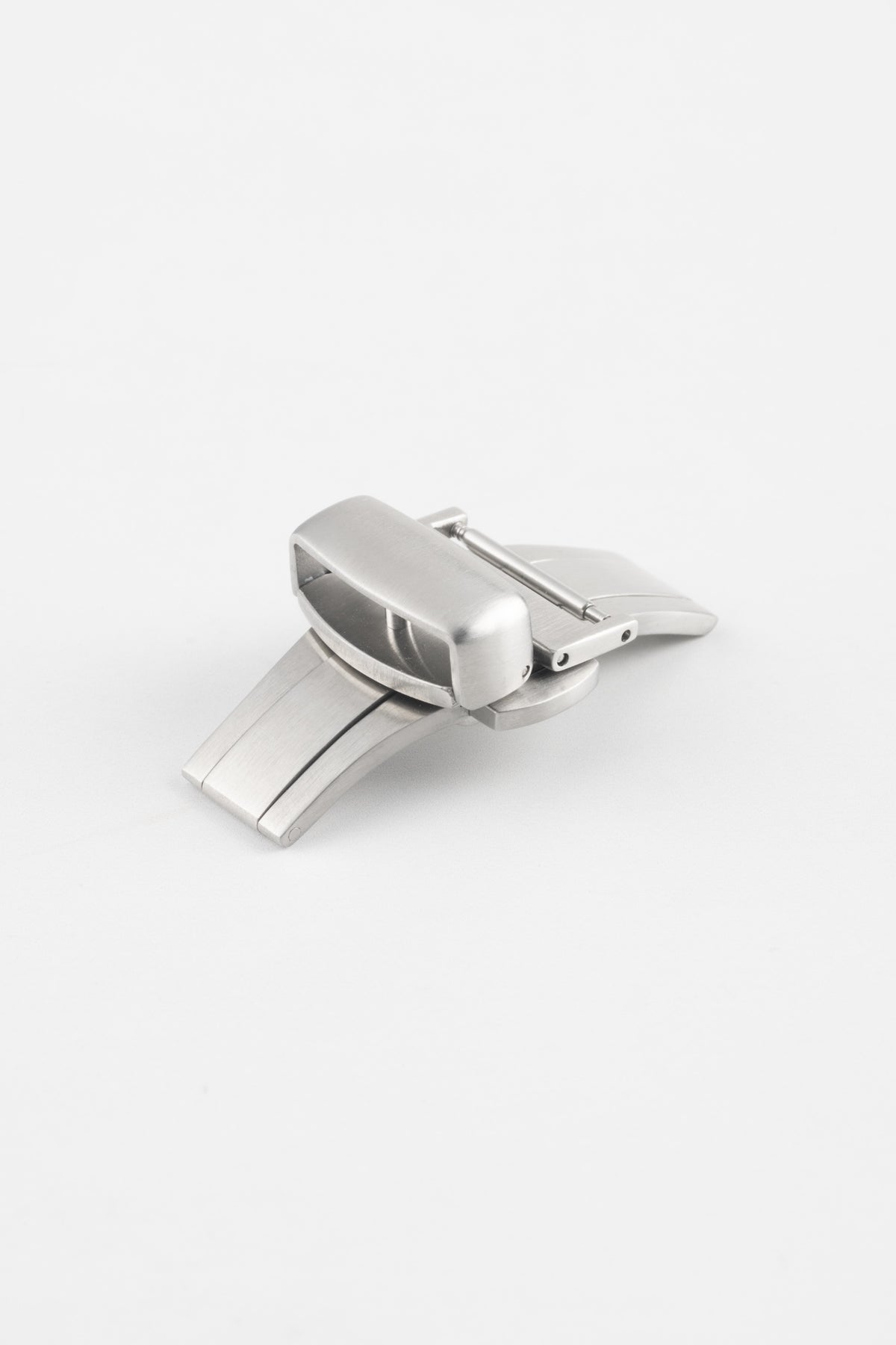 Brushed stainless steel butterfly deployment clasp displayed partially opened on a clean white background. The clasp features a dual-folding mechanism, integrated push-button release system, and curved folding blades designed to provide a secure, comfortable fit for leather watch straps while reducing strap wear during fastening and removal.