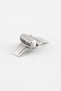 Brushed stainless steel butterfly deployment clasp displayed partially opened on a clean white background. The clasp features a dual-folding mechanism, integrated push-button release system, and curved folding blades designed to provide a secure, comfortable fit for leather watch straps while reducing strap wear during fastening and removal.