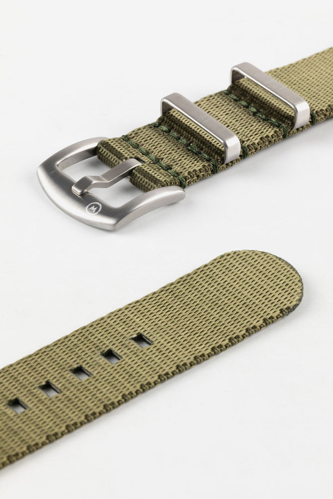 Seatbelt Nylon Watch Strap in ARMY GREEN with BRUSHED STEEL Hardware