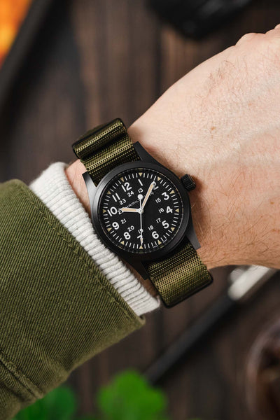 Seatbelt Nylon Watch Strap in ARMY GREEN with BLACK PVD Hardware