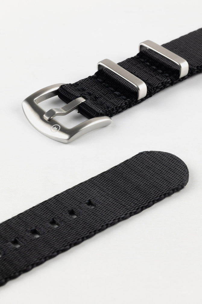 Seatbelt Nylon Watch Strap in BLACK with BRUSHED STEEL Hardware