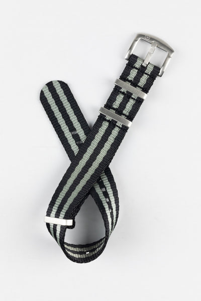 Seatbelt Nylon Watch Strap in BLACK & GREY Stripes with BRUSHED STEEL Hardware