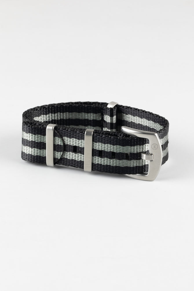 Seatbelt Nylon Watch Strap in BLACK & GREY Stripes with BRUSHED STEEL Hardware