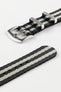 Seatbelt Nylon Watch Strap in BLACK & GREY Stripes with BRUSHED STEEL Hardware