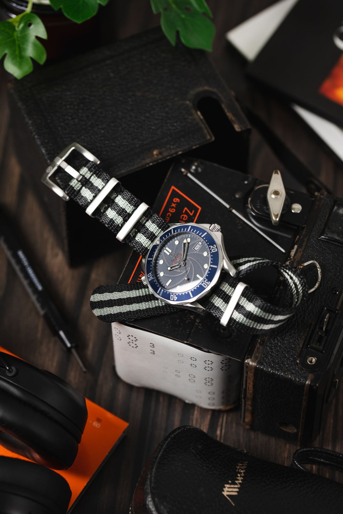 Seatbelt Nylon Watch Strap in BLACK & GREY Stripes with BRUSHED STEEL Hardware