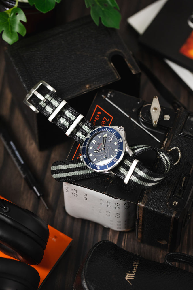 Seatbelt Nylon Watch Strap in BLACK & GREY BRUSHED Hardware Watch