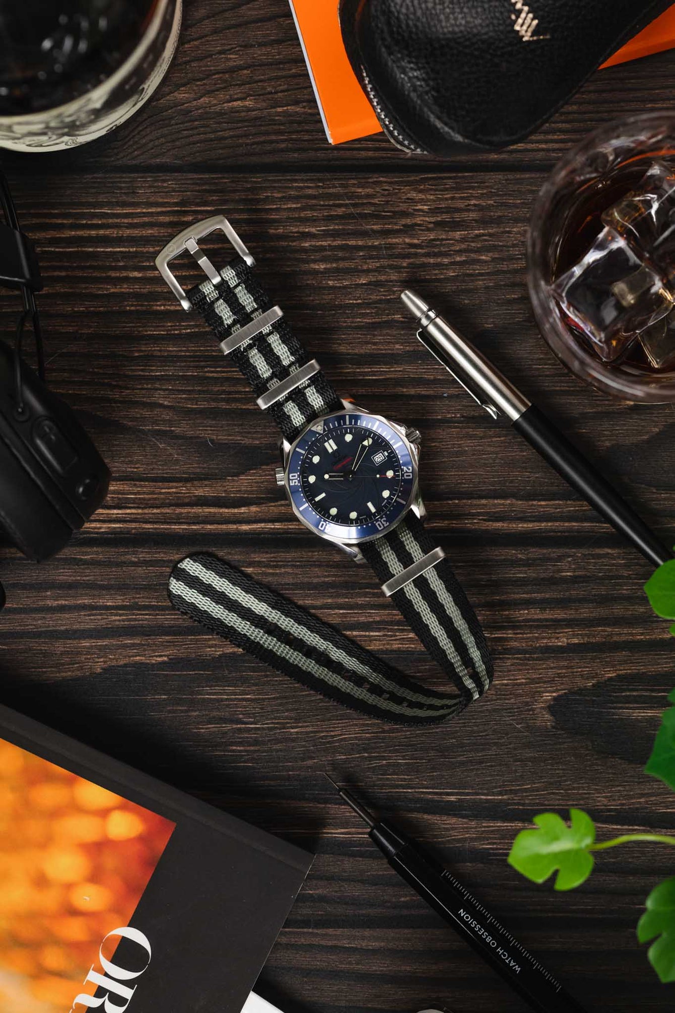 Seatbelt Nylon Watch Strap in BLACK & GREY Stripes with BRUSHED STEEL Hardware