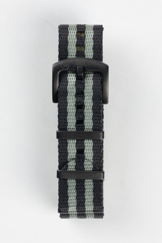 Seatbelt Nylon Watch Strap in BLACK & GREY Stripes with BLACK PVD Hardware