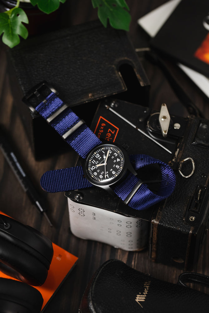 Seatbelt Nylon Watch Strap in DARK BLUE with BLACK PVD Hardware
