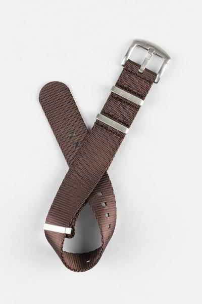 Seatbelt Nylon Watch Strap in DARK BROWN with BRUSHED STEEL Hardware
