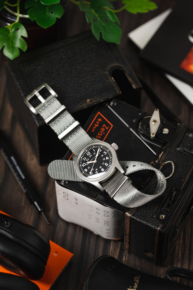 Seatbelt Nylon Watch Strap in GREY with BRUSHED STEEL Hardware Watch