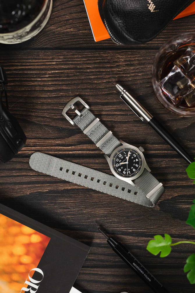 Seatbelt Nylon Watch Strap in GREY with BRUSHED STEEL Hardware Watch