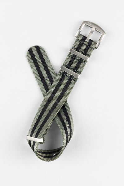 Seatbelt Nylon Watch Strap in GREY & BLACK Stripes with BRUSHED STEEL Hardware