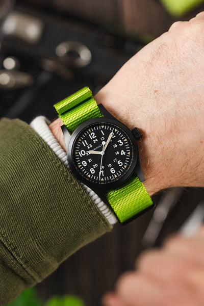 Seatbelt Nylon Watch Strap in LIME GREEN with BLACK PVD Hardware