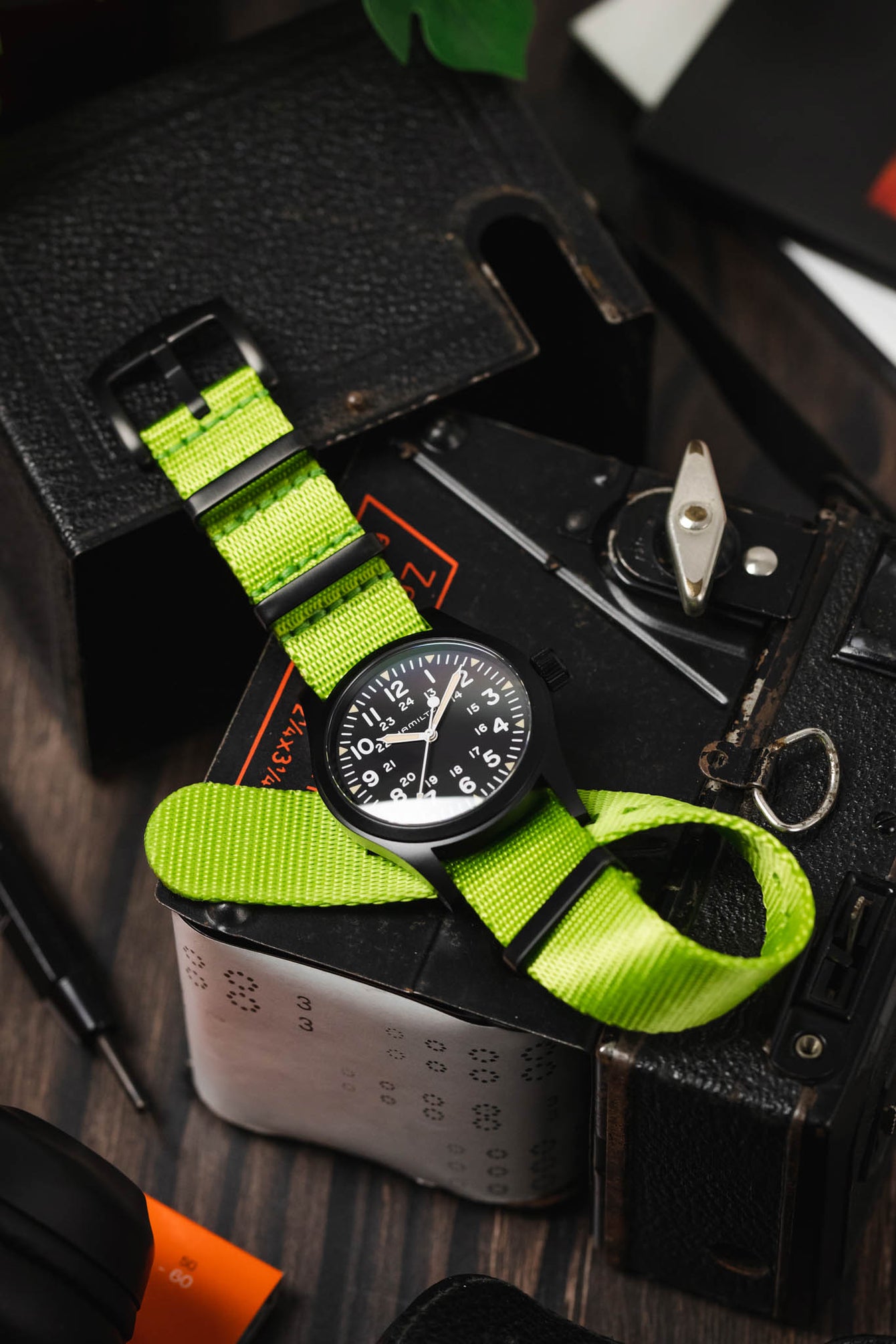 Seatbelt Nylon Watch Strap in LIME GREEN with BLACK PVD Hardware