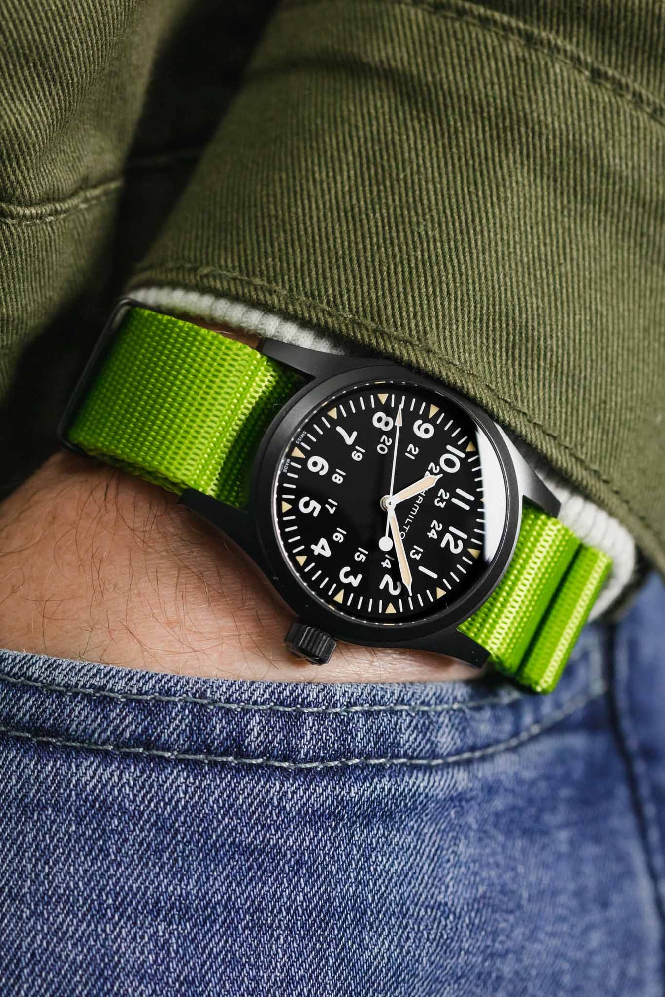 Seatbelt Nylon Watch Strap in LIME GREEN with BLACK PVD Hardware