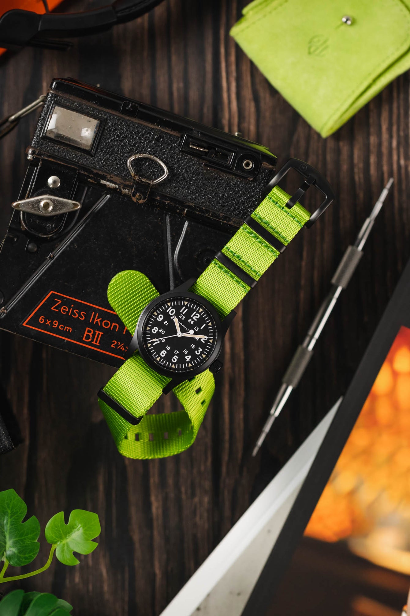 Seatbelt Nylon Watch Strap in LIME GREEN with BLACK PVD Hardware