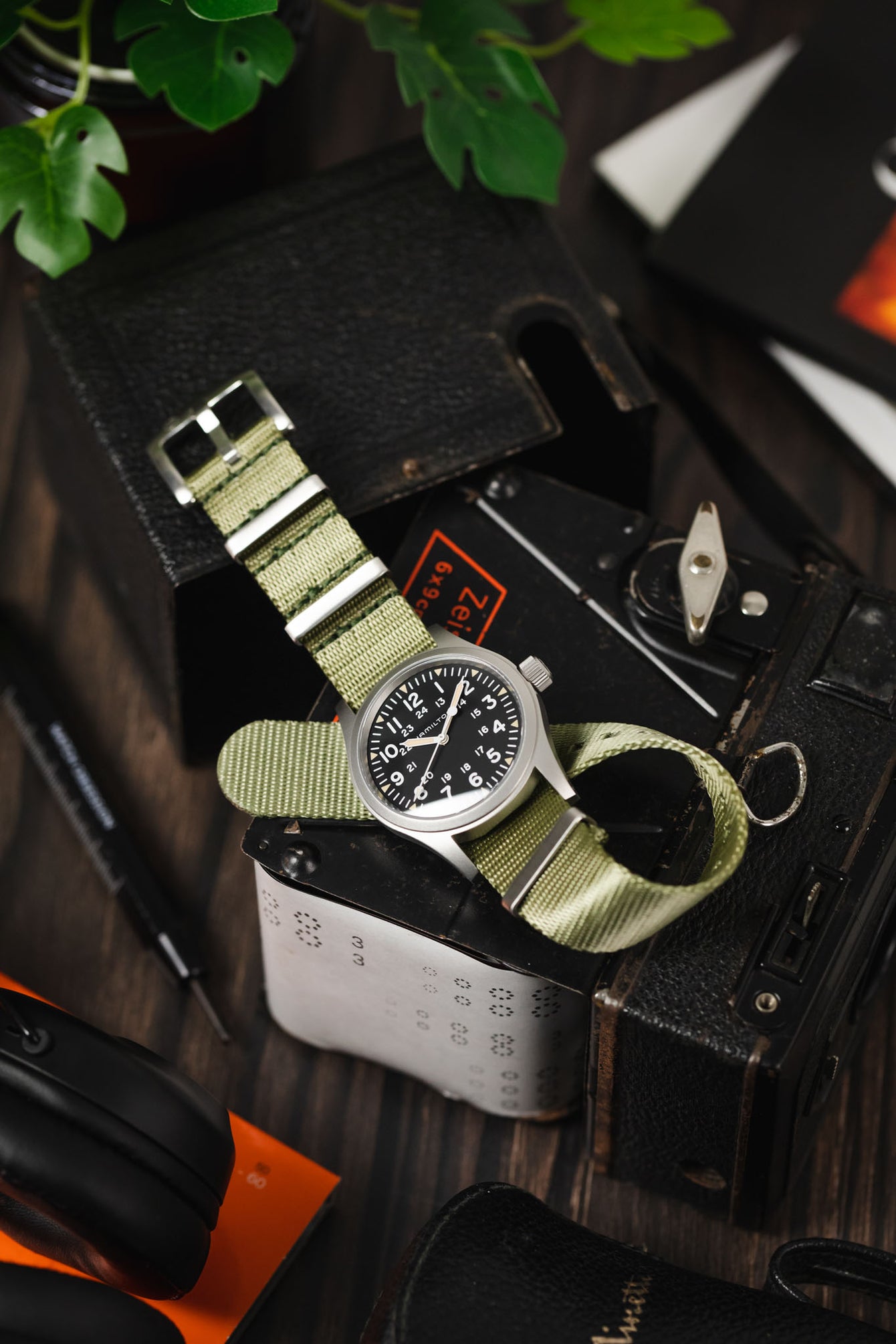 Seatbelt Nylon Watch Strap in OLIVE GREEN with BRUSHED STEEL Hardware