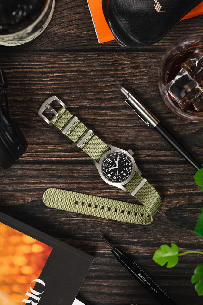 Seatbelt Nylon Watch Strap in OLIVE GREEN with BRUSHED STEEL Hardware