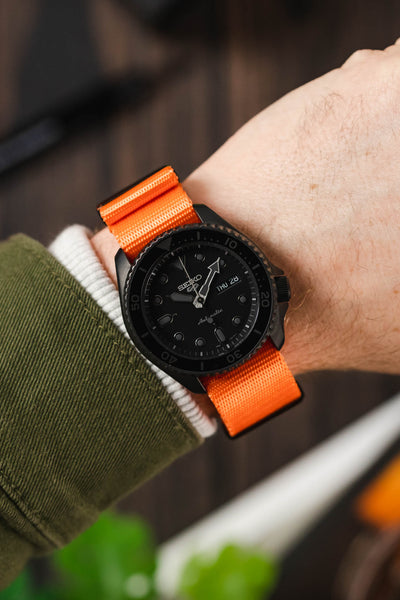 Seatbelt Nylon Watch Strap in ORANGE with BLACK PVD Hardware