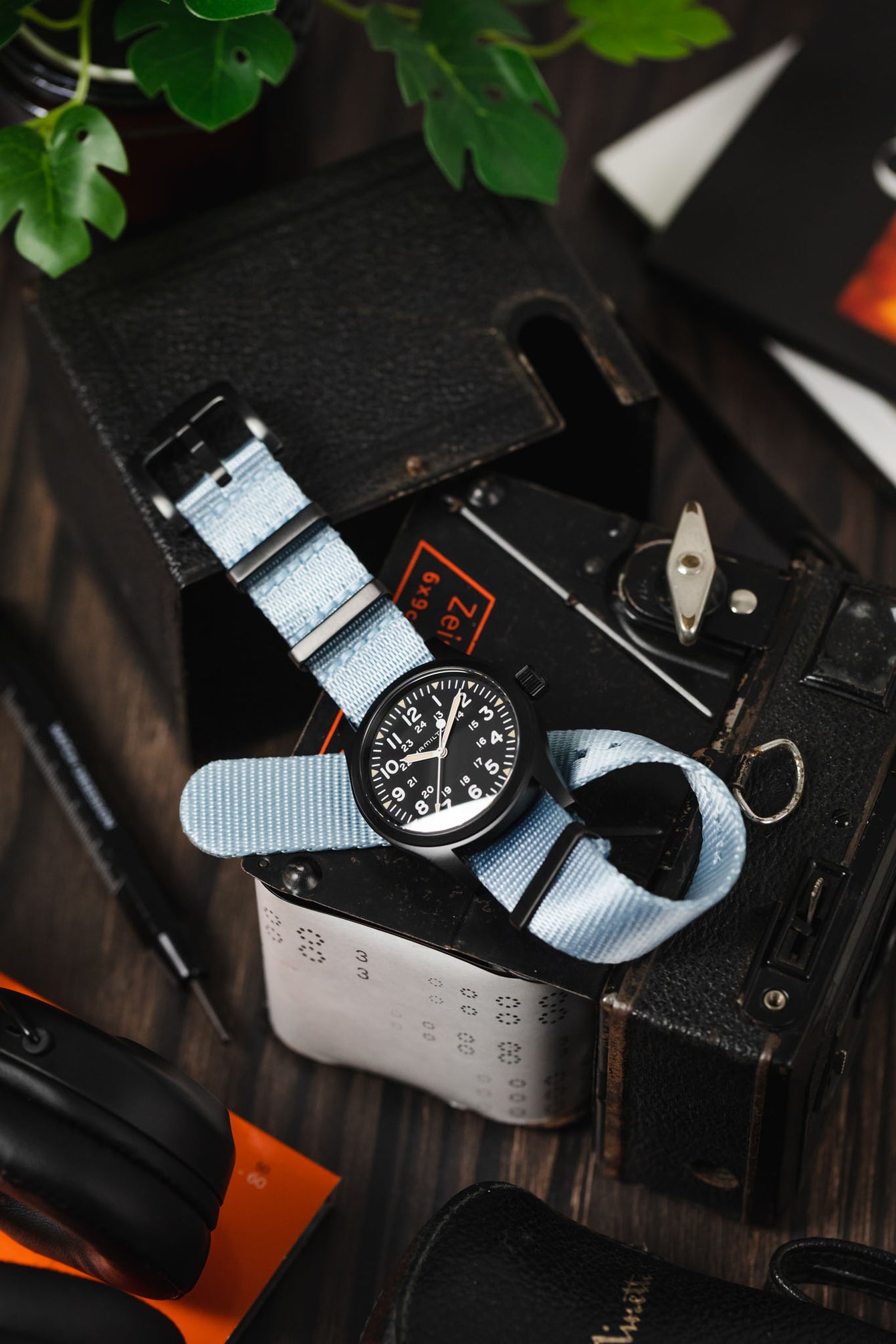 Nylon Seatbelt One-Piece Watch Strap in SKY BLUE with BLACK PVD Hardware