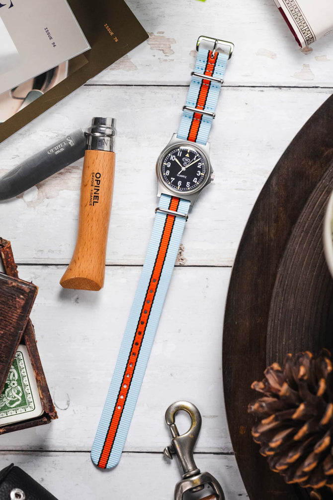 Nylon Watch Strap in PALE BLUE / ORANGE Motorsport Stripes with Polished Buckle & Keepers