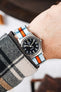 Nylon Watch Strap in PALE BLUE / ORANGE Motorsport Stripes with Polished Buckle & Keepers