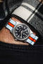 Nylon Watch Strap in PALE BLUE / ORANGE Motorsport Stripes with Polished Buckle & Keepers