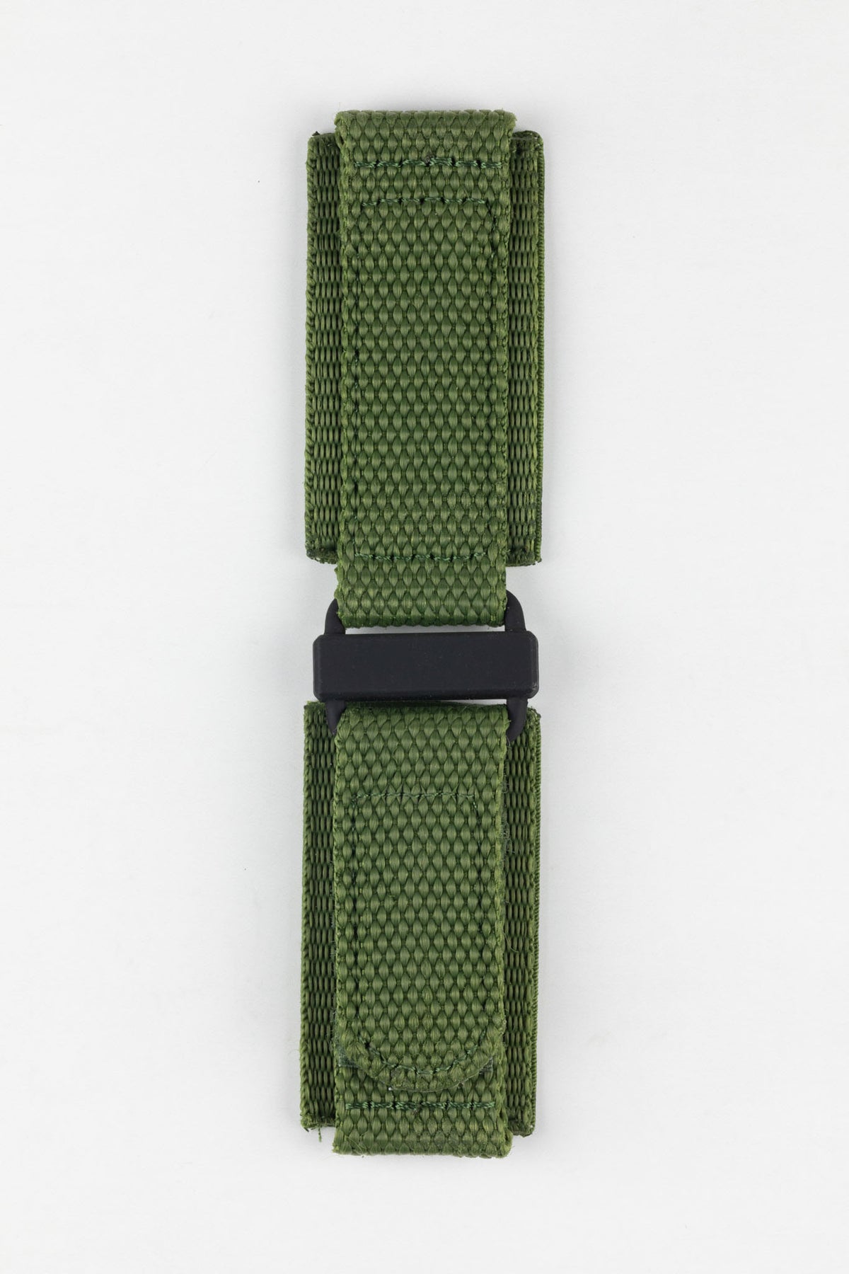 Olive green tactical hook-and-loop watch strap displayed flat against a clean white background.