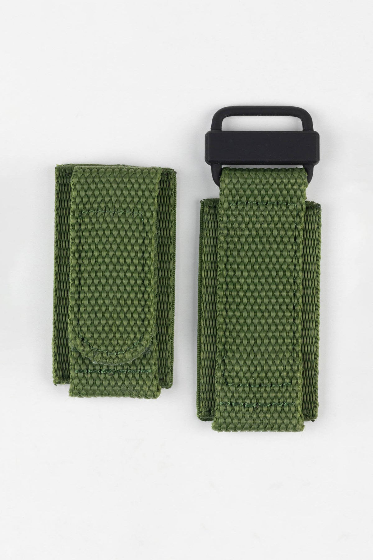 Olive green hook-and-loop watch strap with a woven nylon construction and black attachment loop, displayed on a white background.