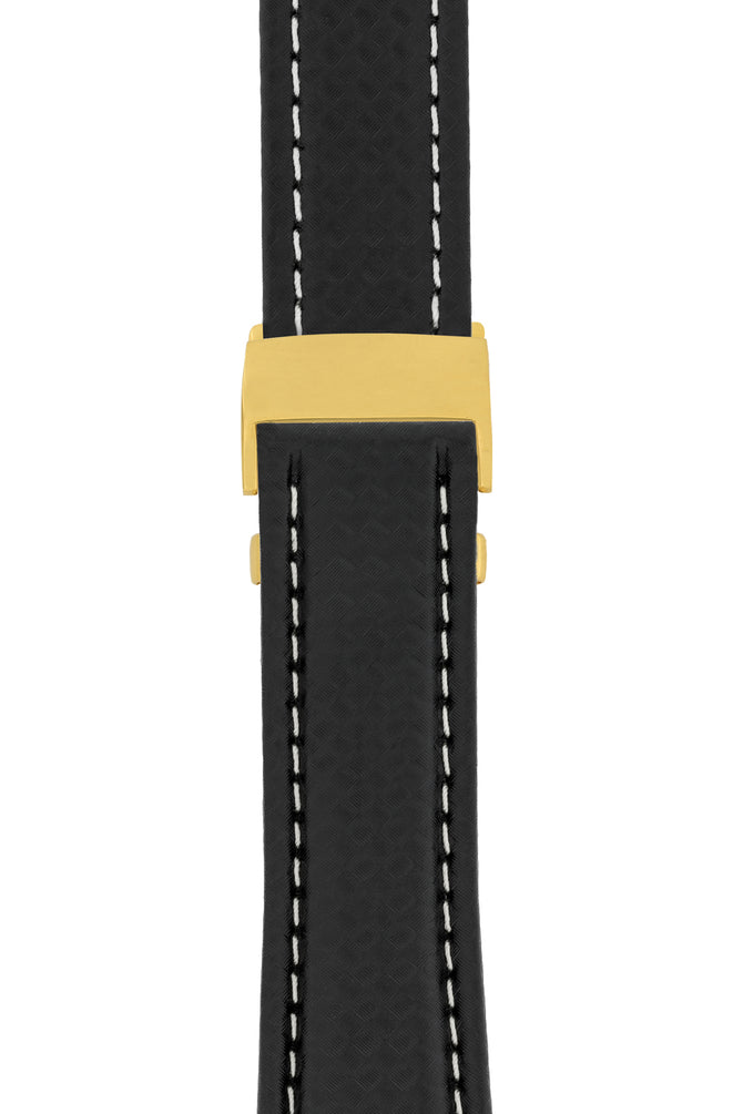 Breitling-Style Carbon-Embossed Leather Deployment Watch Strap in Black (with Polished Gold Deployment Clasp)