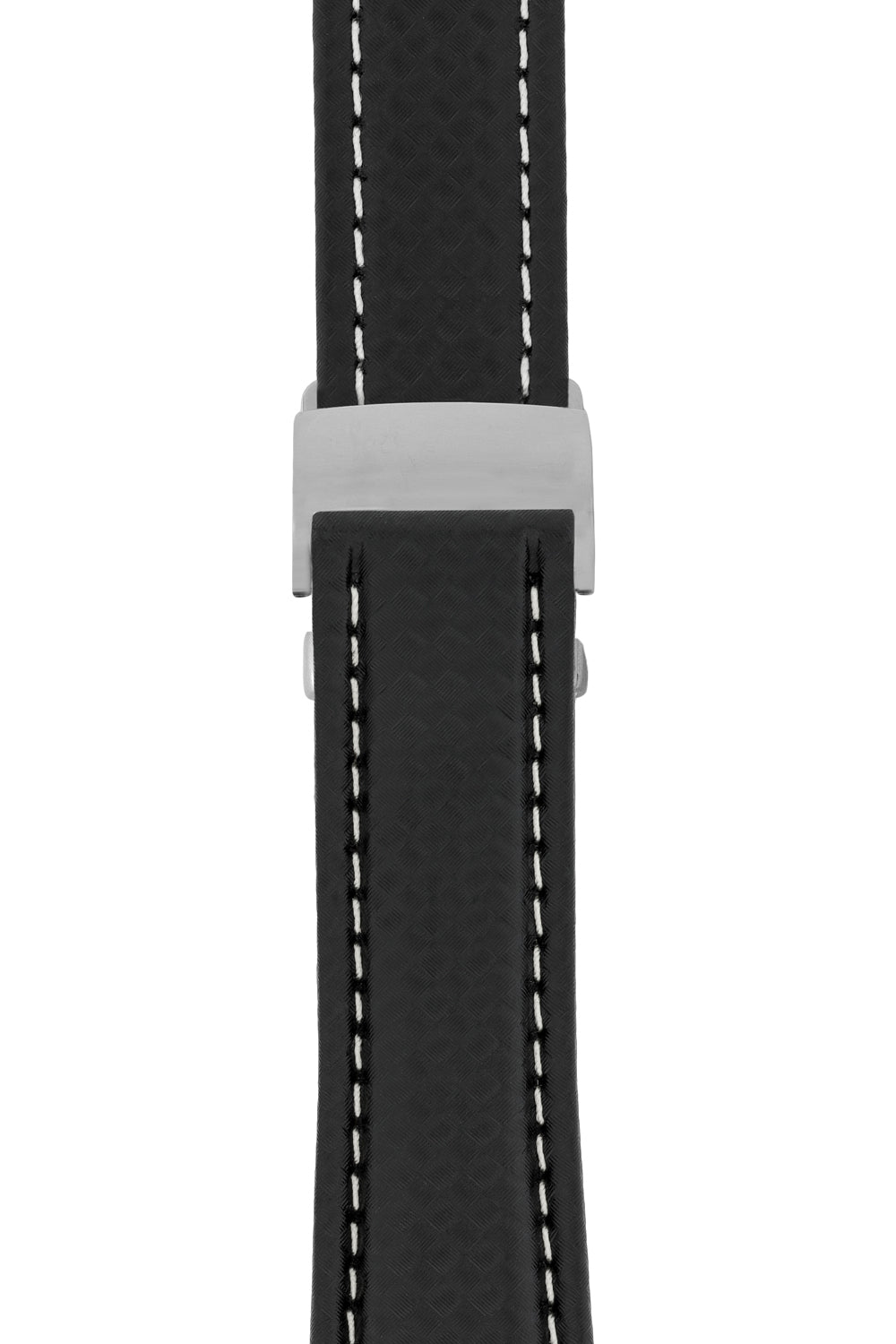 Breitling-Style Carbon-Embossed Leather Deployment Watch Strap in Black (with Polished Silver Deployment Clasp)