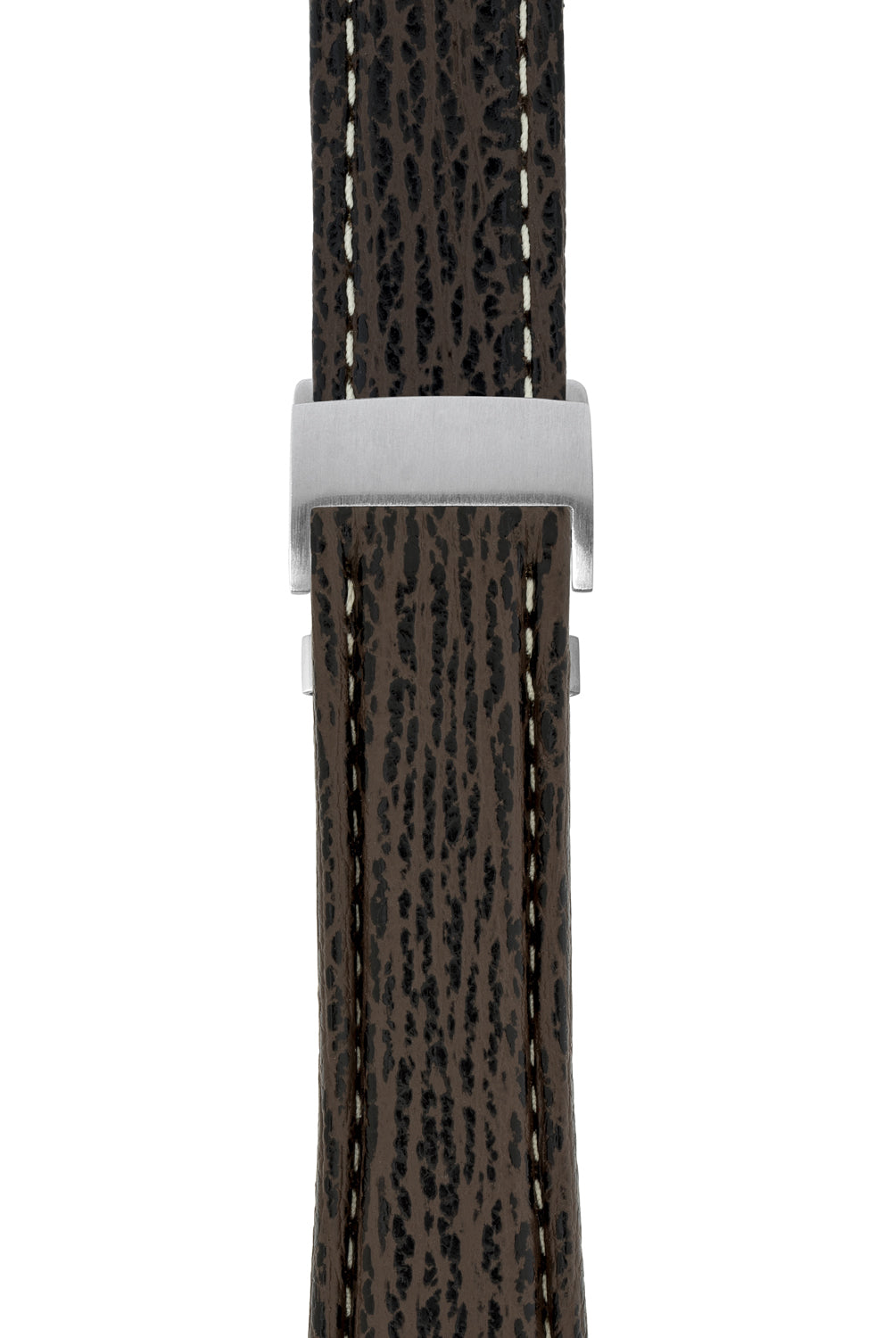 Breitling-Style Sharkskin Leather Deployment Watch Strap in Brown (with Brushed Silver Deployment Clasp)