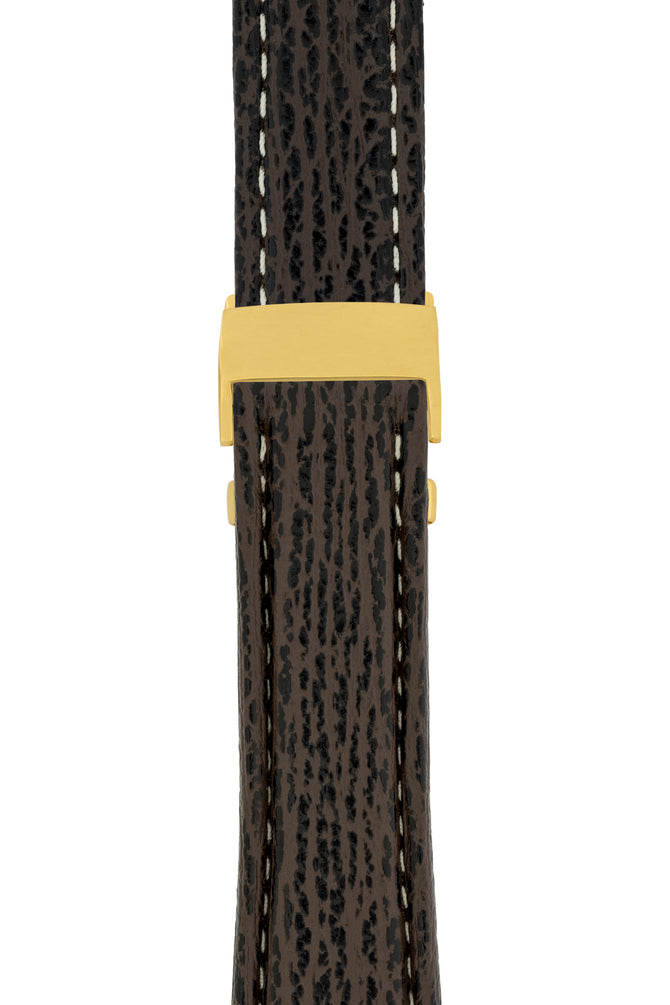Breitling-Style Sharkskin Leather Deployment Watch Strap in Brown (with Polished Gold Deployment Clasp)