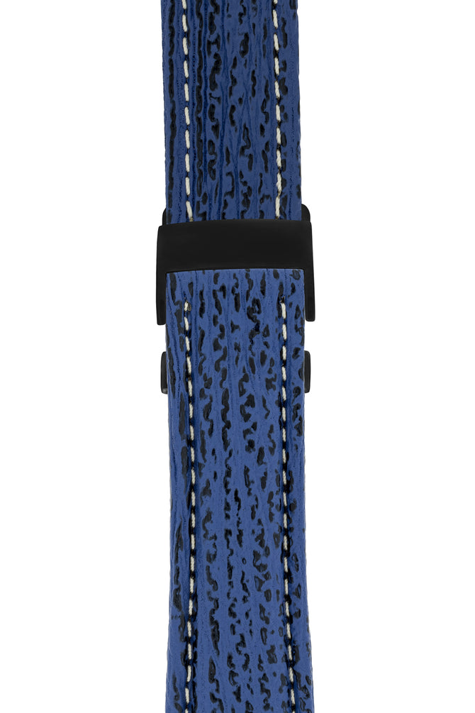 Breitling-Style Sharkskin Leather Deployment Watch Strap in Night Blue (with Black PVD-Coated Deployment Clasp)