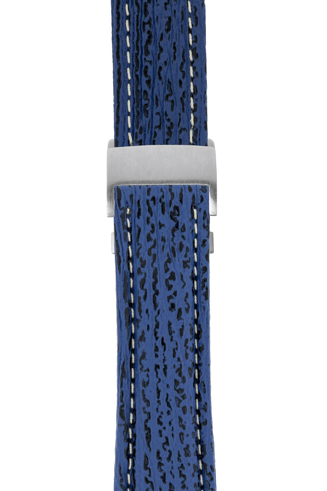 Breitling-Style Sharkskin Leather Deployment Watch Strap in Night Blue (with Brushed Silver Deployment Clasp)