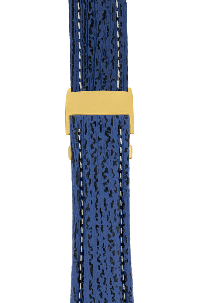 Breitling-Style Sharkskin Leather Deployment Watch Strap in Night Blue (with Polished Gold Deployment Clasp)