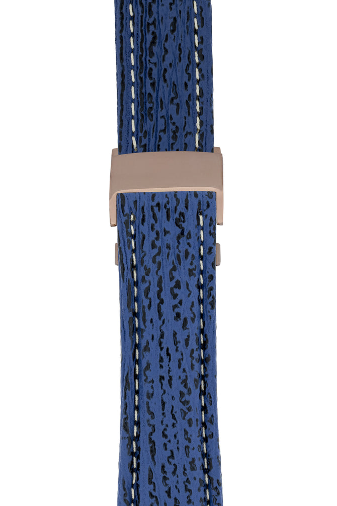 Breitling-Style Sharkskin Leather Deployment Watch Strap in Night Blue (with Polished Rose Gold Deployment Clasp)